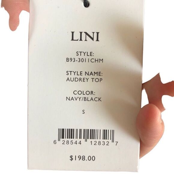 LINI Small Audrey Navy Blue Silky Satin Lace Trim Crop Long Sleeve Blouse - Picture 7 of 7